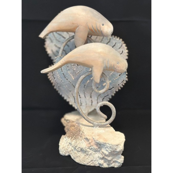 Coastal Decor "Wooden Manatee w/Metal accents on Stone base" Mixed Media